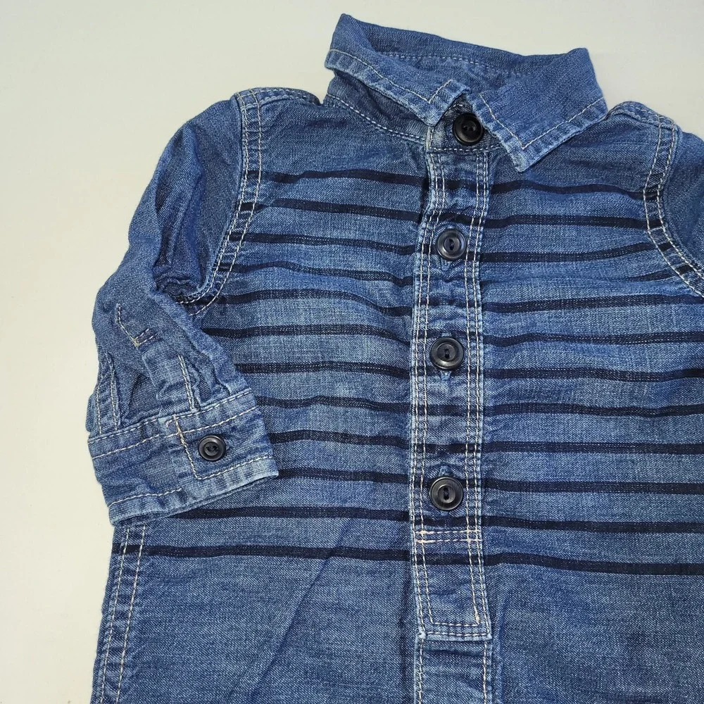Baby Gap 1969 Coverall Infant 3-6 Month Blue Chambray Stripe Snap Bottom 1-Piece